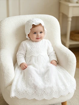 Abiti per Neonata, Vestito da Battesimo per Bambina, Abito da Festa a Maniche Lunghe per Compleanno, Vestito Bianco in Pizzo con Cappello 0-24 Mesi