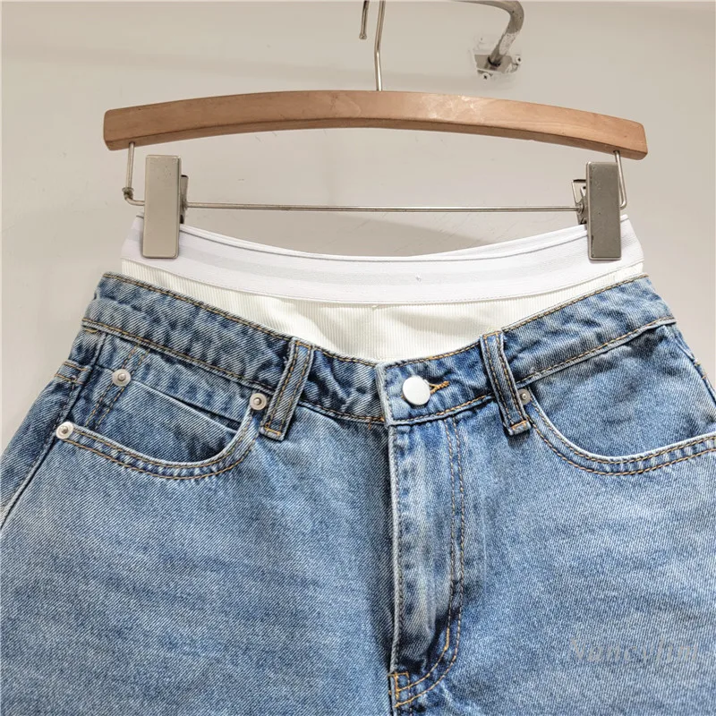 Frayed Fake Two Pieces Leisure High Waist Super Short Shorts for Women 2024 Summer New Color Contrast Patchwork Denim Hot Pants