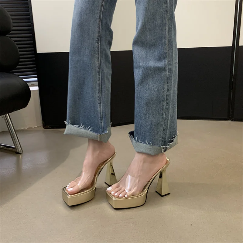PVC Women's Slipper 2024 Super High Heel Fashion Women Shoes Ladies Sexy Open Toe Party Shoes Summer Square Toe Platform Slides