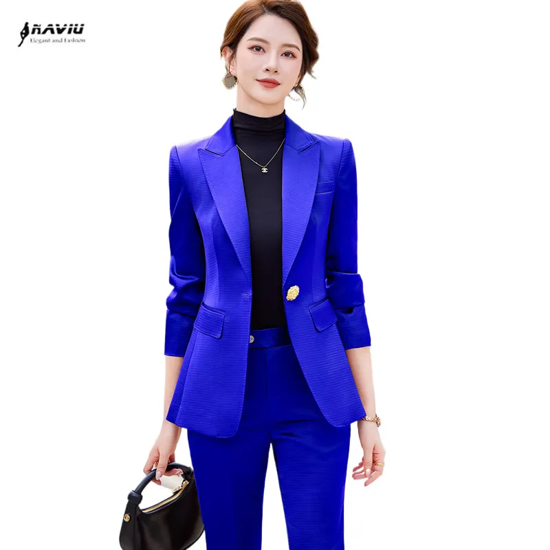 

NAVIU высококачественные синие костюмы комплекты для женщин новый весенний Профессиональный Тонкий Блейзер с длинным рукавом и расклешенные брюки Офисная Женская одежда для работы