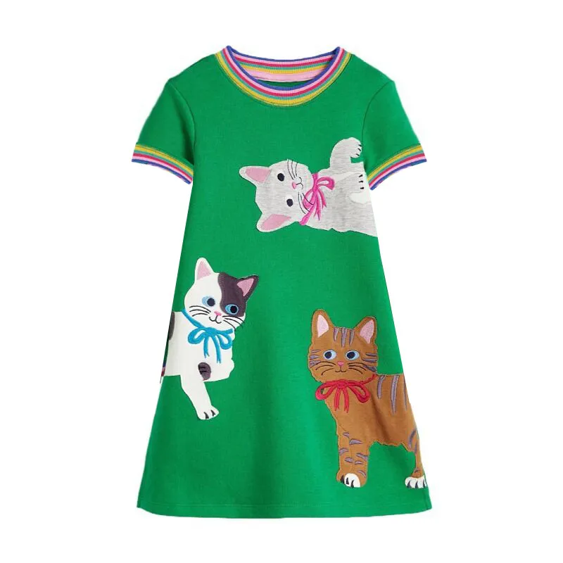 

Jumping Meters 2-12T Hot Selling Princess Girls Dresses Cats Embroidery Summer Short Sleeve Baby Clothes Birthday Frocks Costume