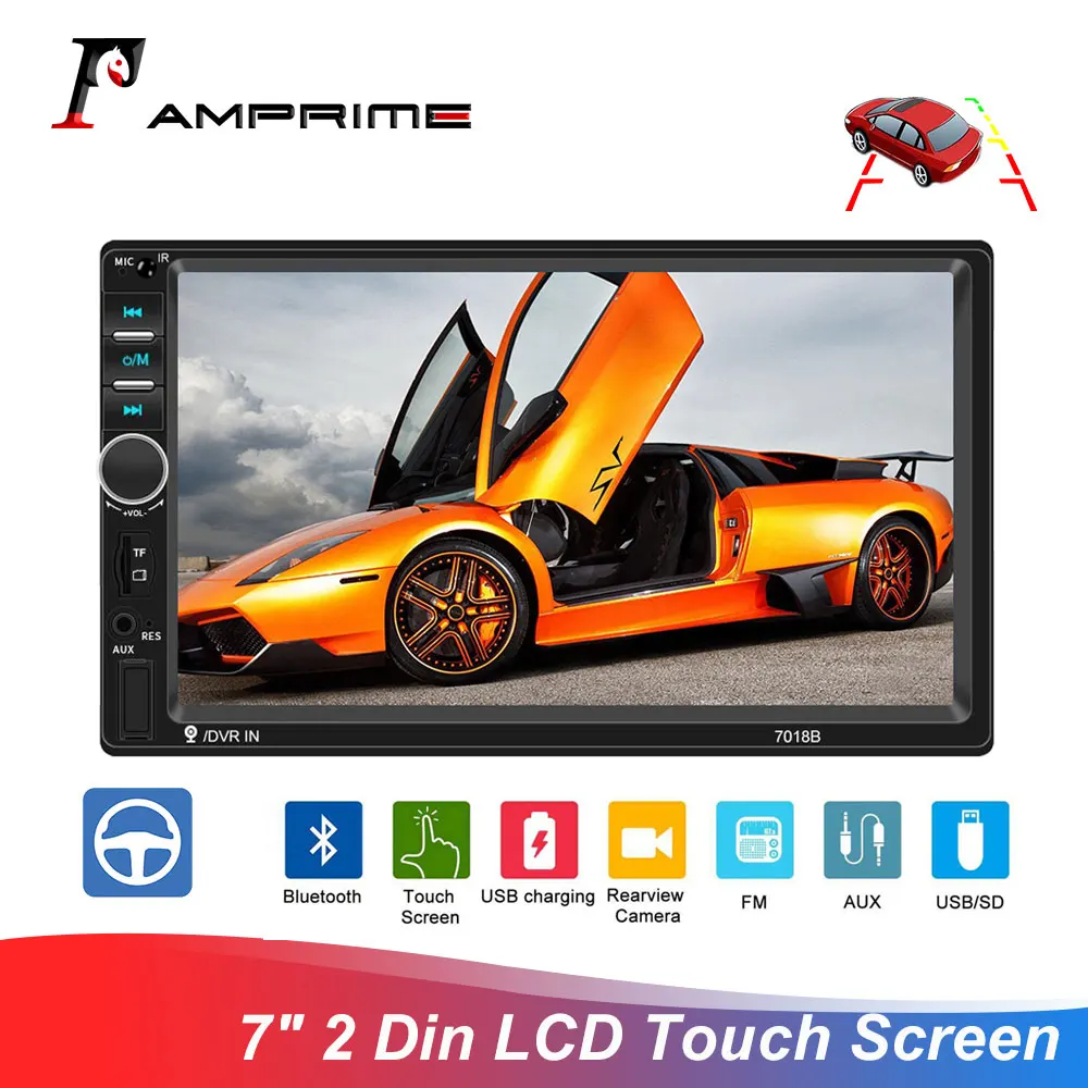 AMPrime 7018B 7" 2 Din LCD Touch Screen Car Radio Support USB / SD Remote Control Bluetooth Mirror-Link With Rear View Camera