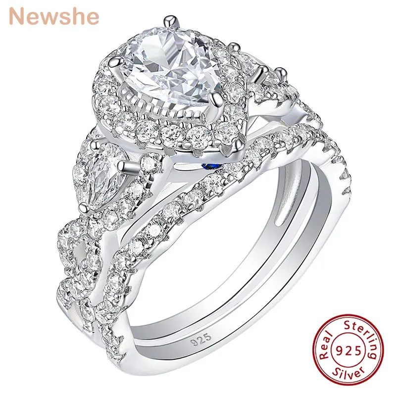 Newshe Set di anelli di fidanzamento da 2 pezzi per donna in argento Sterling 925 con taglio ovale a pera brillante AAAAA Cz gioielli da sposa da sposa