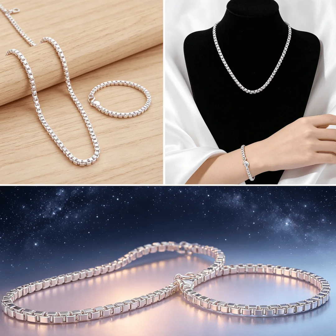 인기 브랜드  럭셔리 4MM 박스 팔찌 목걸이 주얼리 세트 남성 여성 패션 파티..