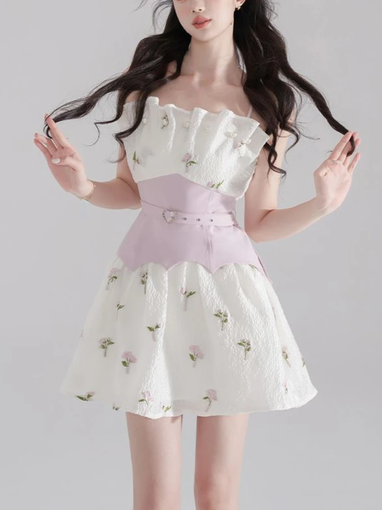

Sweet Even Party Mini Dress Women Floral Kawaii Strap Dress Female Sleeveless Bodycon Y2k Korean Fashion Clothing 2023 Summer
