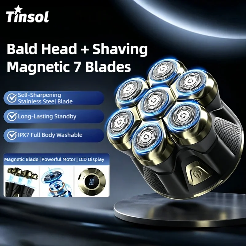 TINSOL 7-Blade Electric Hair Trimmer, Men's Bald Head Machine, Digital Display Shaver, Magnetic Full-Body Washable Razor