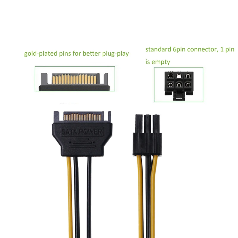 Lingable-Connecteur de câble d'alimentation SATA, 15 broches à 6 broches, PCI-E M/F, convertisseur de fouille, adaptateur de directions, 20cm