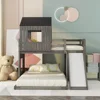 House Bunk Beds Twin Over Full Size, Wood Bunk Beds with Roof and Window Distressed Grey, Twin Over Full with Slide 3