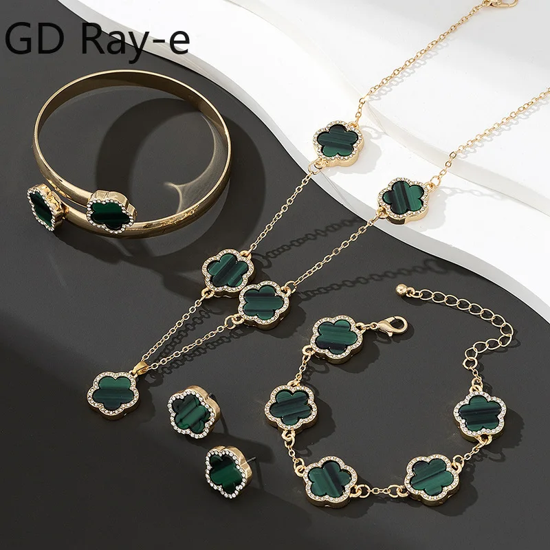 5PCS Set Flower Charm Korean Chain Necklace Earring Bracelet Set Gold Color Black Flower Crystal Stone Surround Jewelry Set