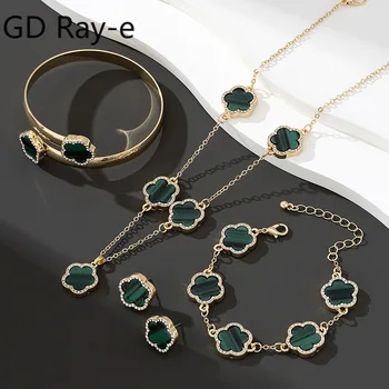5PCS Set Flower Charm Korean Chain Necklace Earring Bracelet Set Gold Color Black Flower Crystal Stone Surround Jewelry Set