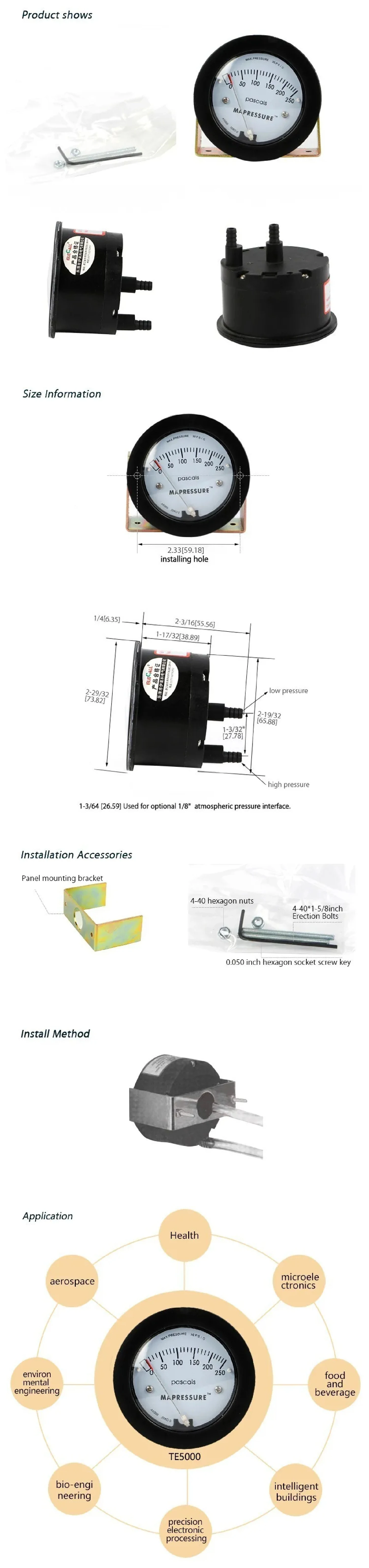 TE5000 Miniature Differential Pressure Gauge 53mm 0-500Pa 0-5kPa HVAC Air Filter