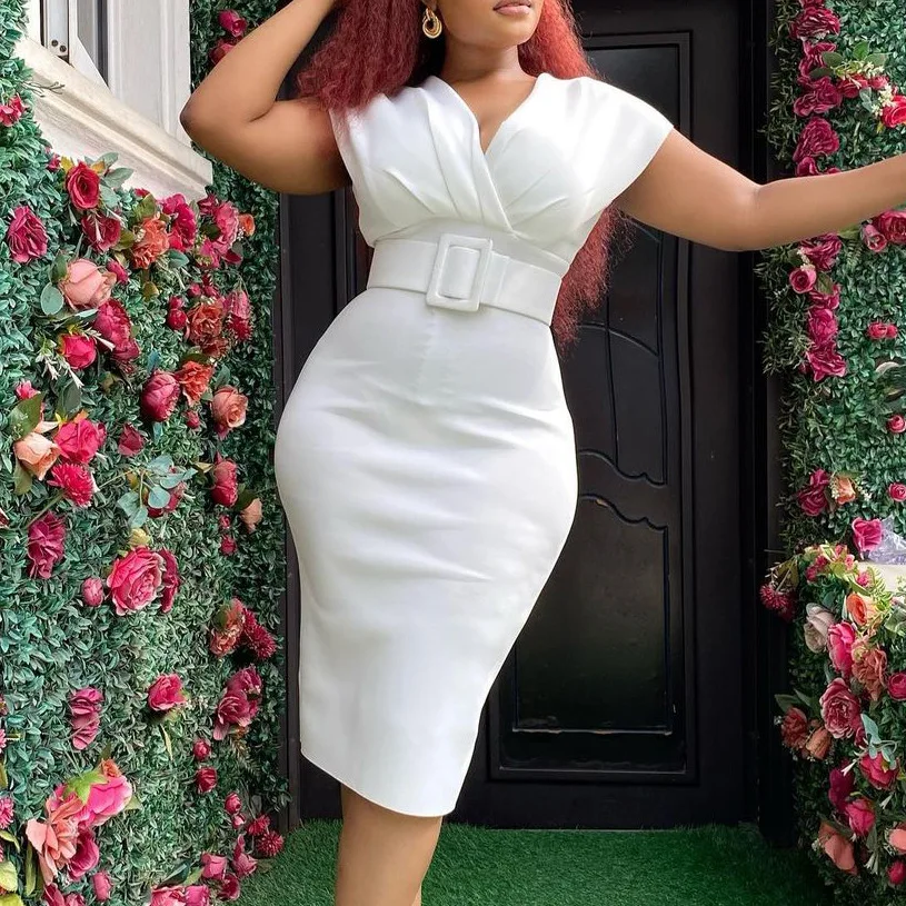 

V-Neck Waistband Style Commuting Dress With Belt 2023 New Drop Shoulder Sleeve Pencil Dresses For European And American Women