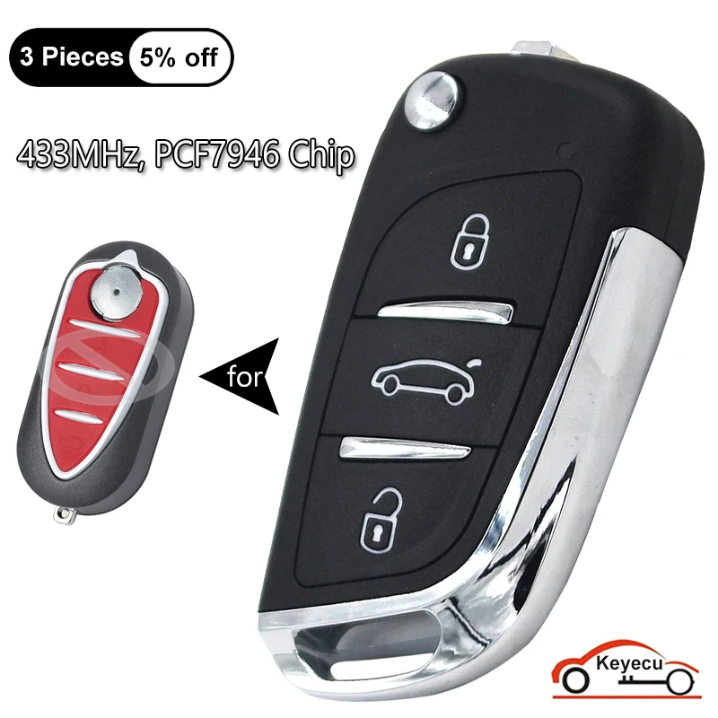 Telecomando Flip 3 Pulsanti Portachiavi Auto Per Alfa Romeo Mito 2008 2015 Giulietta 2010 2016 433mhz Id46 7946 Chiavi Auto - Foto 4