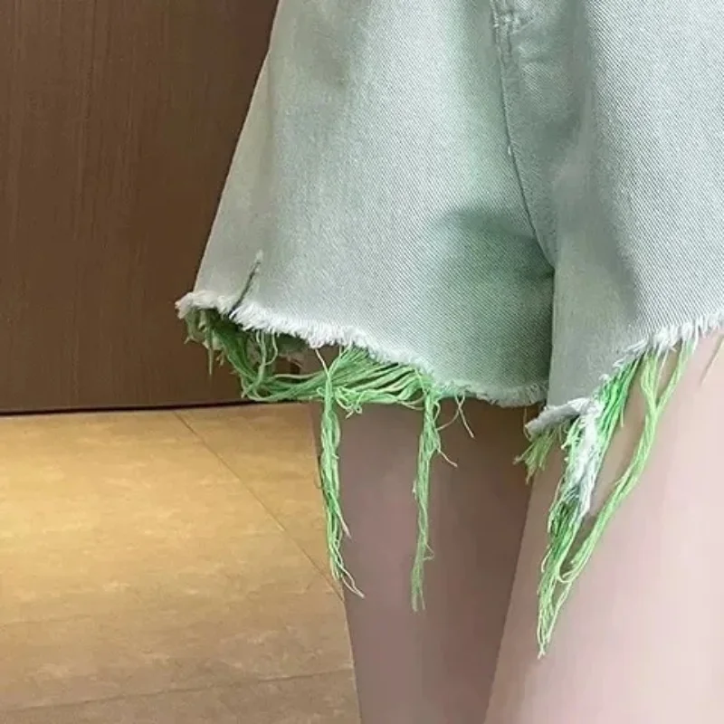 Light green distressed denim shorts for women pantalones cortos Pink women's jeans High Waist Slim Fit Loose Wide Leg Hot Pants