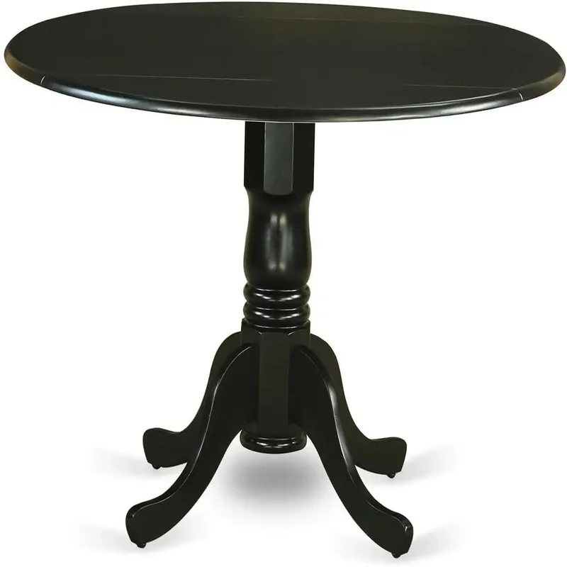 Modern Dining Table Set Includes Round Wooden Dropleaf 4 Black Linen Fabric Upholstered Chairs
