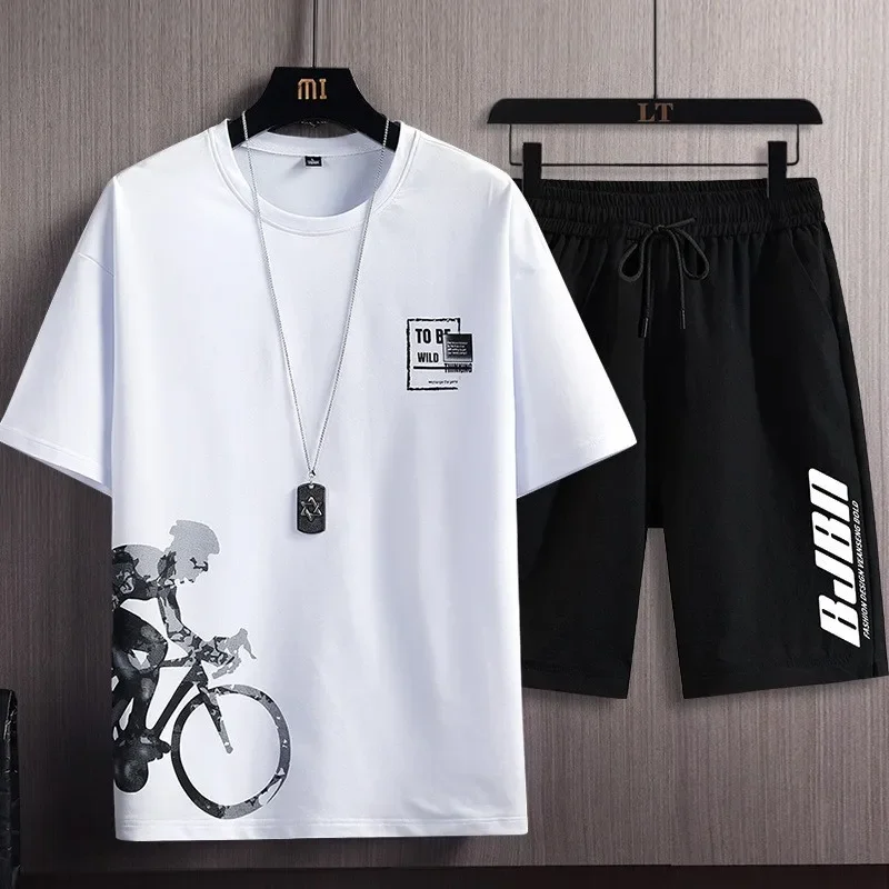 Men sports suit Summer Men's Casual Sports Suit Bicycle Printed Sports Outdoor Jogging Sweatshirt Sweatpants Breathable Quick Drying 2 Piece Set