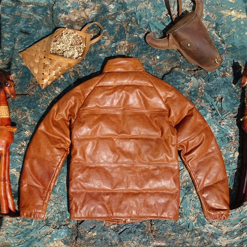 Kimura Style Big Bread Down Jacket!beeswax Color Oil Wax Small Young Horse Skin Leather Leather Jacket Male White Duck Down