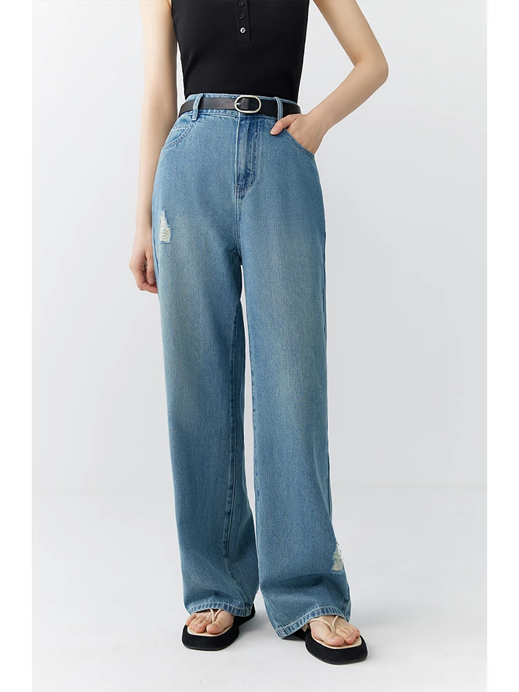 ZIQIAO 여성용 스트레이트 레그 찢어진 청바지, 캐주얼 다목적 바지, 하이 웨이스트 와이드 레그 모핑 여성 바지, 24ZQ92032