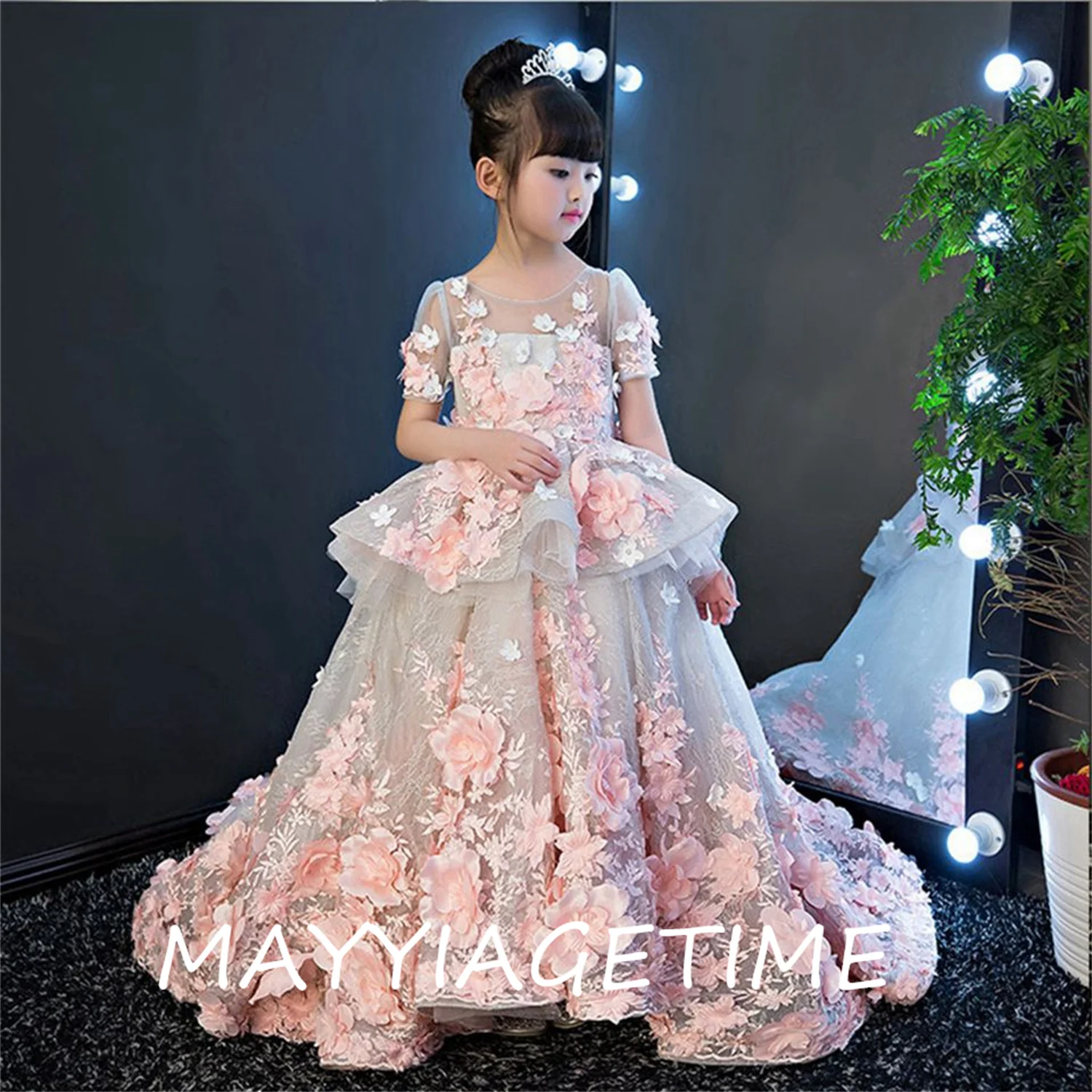 

Sling Flower Girl Dress Tulle Appliques Sweetheart Wedding Birthday Ball Gown Floor Length A-line Elegant Party Evening Dress