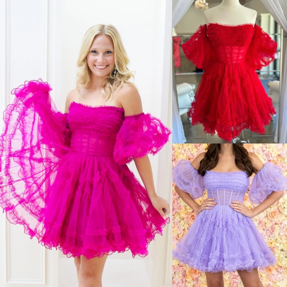 Magenta Homecoming Dress 2 K24 Short Hoco Ruffed Ballon Sleeves Corsetto Drama Graduation Cocktail Party Wedding Guest Prom Gown