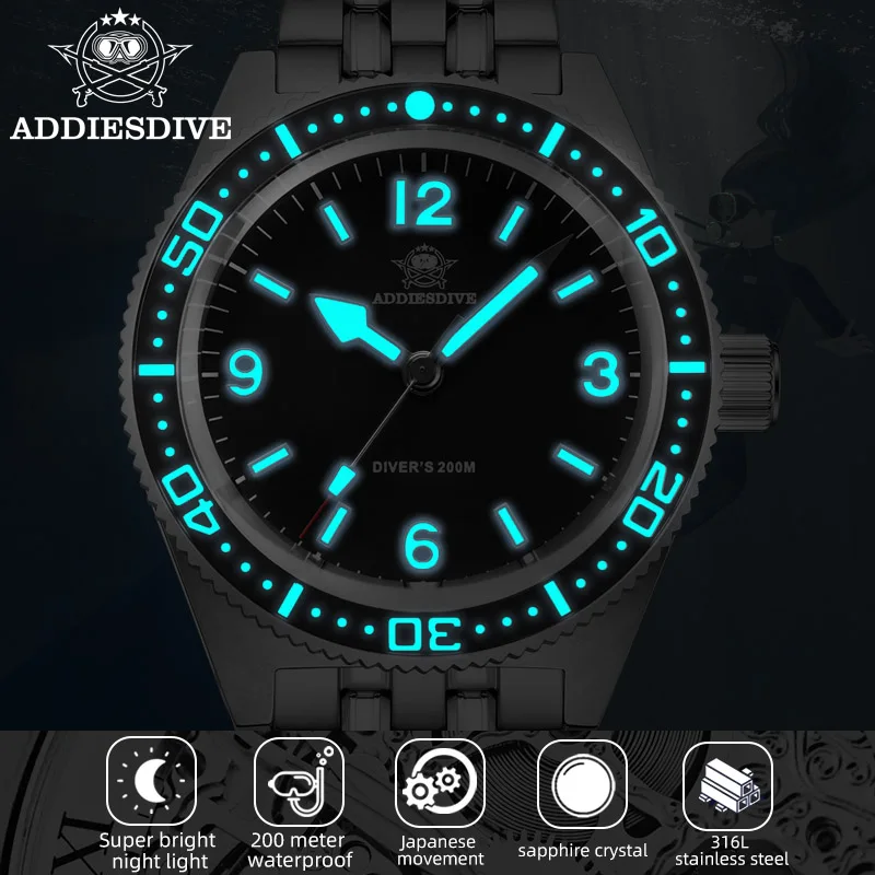 ADDIESDIVE AD2033 Quartz Watches Sapphire Glass BGW9 Super Luminous 20Bar Diving 316L Stainless Steel Men Watches reloj hombre