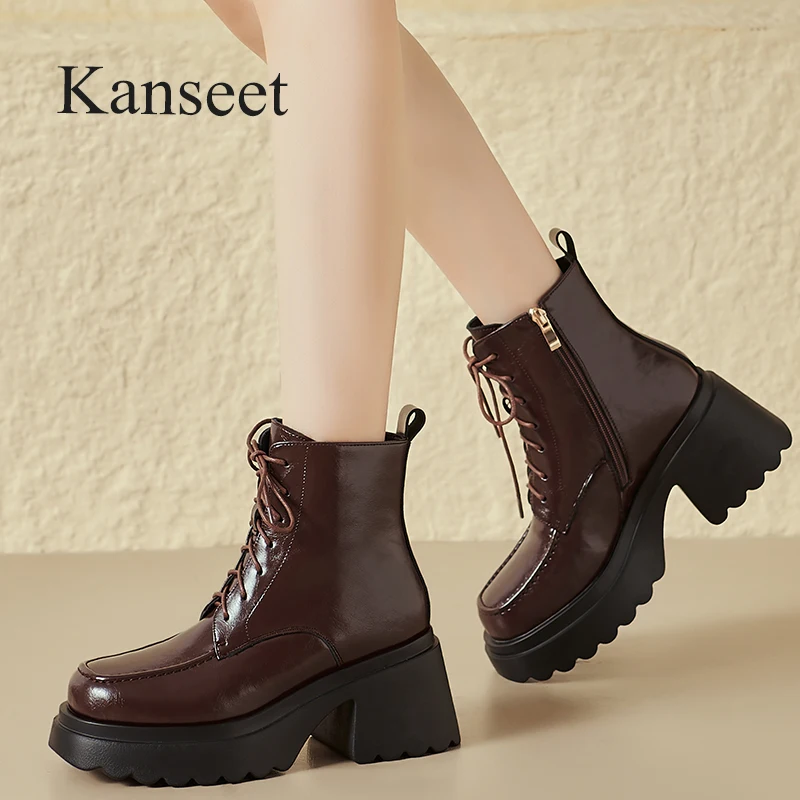 

Kanseet Winter Warm Wool Fur Ankle Boots for Women Round Toe Platform Shoes Genuine Leather Fashion Chunky Thick Heel Short Boot