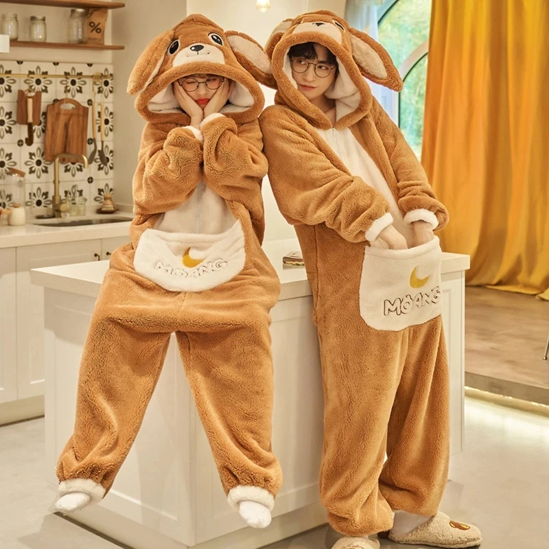 

Kigurumis Kangaroo Winter Sleepwear Women Men Pajama Onesie Thicken Couples Pijamas Cartoon Night Wears For Women Homewear