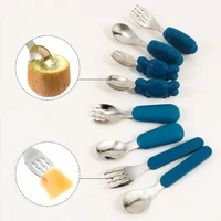 New Kids Feeding Spoon Fork Set Silicone Handle Cutlery Crab Lion Children's Tableware Stainless Steel Utensils Baby Items 1