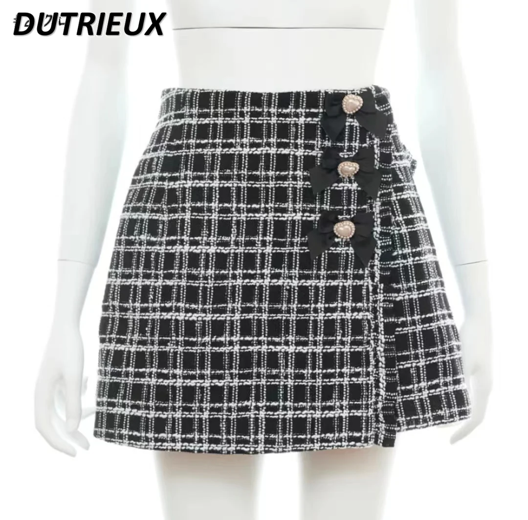 

Japanese Single SC Plaid Tweed Flower Short Skirt Women Sweet Bows Decorative Hip Mini Skirt 2023 New Autumn Winter New Skirts