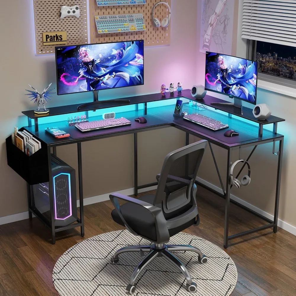 53" L-Shaped Gaming Desk with LED Lights, Power Outlets & Storage - Convertible Home Office Table