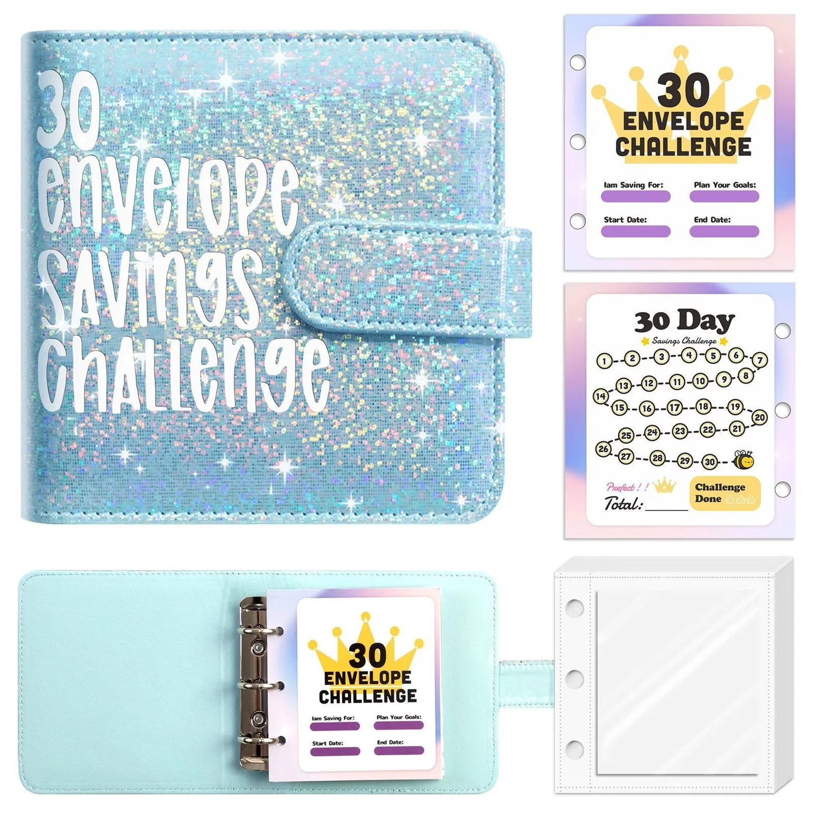 30 Envelope Challenge Binder, Savings Challenges Sheets Budget Binder With Cash Envelopes, Savings Challenges Binder 2