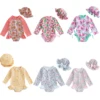 2025 Kid Baby Girls Bikinis Rash Guard Swimsuits Floral Print Bathing Suits Infant Zipper Swimwear Hat Sun Protection Beach Wear 1