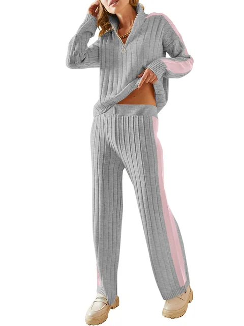 Womens 2 Piece Sweater Sets 2024 Autumn/Winter Half Zip Long Sleeve Pullover Wide Leg Pants Color Block Lounge Tracksuit Outfits 4