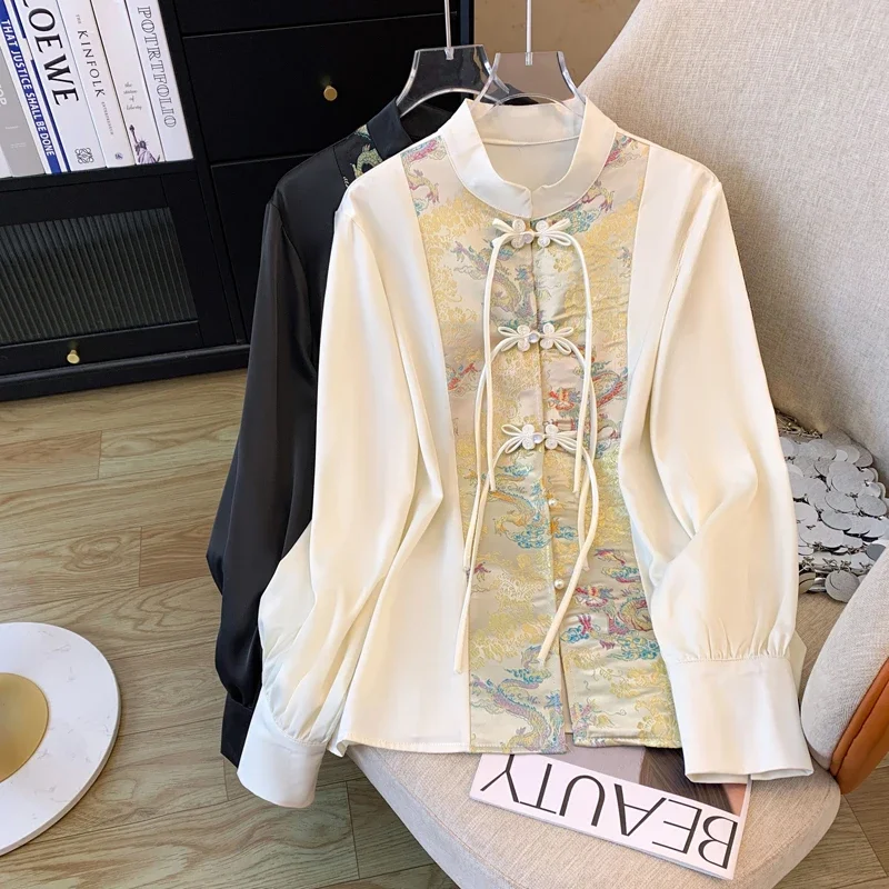 

Женская атласная рубашка в китайском стиле, свободные блузки с принтом, модная комбинированная одежда, Женские топы с длинным рукавом для весны и лета YCMYUNYAN