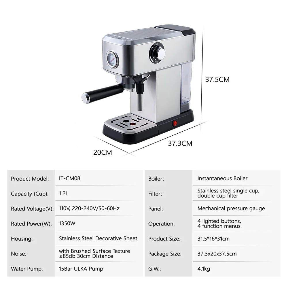 HomeWise Semi-automatic Coffee Maker 15Bar ULKA Pump Espresso Coffee Machine with Thermostatic System Household Use 220V 110V 5