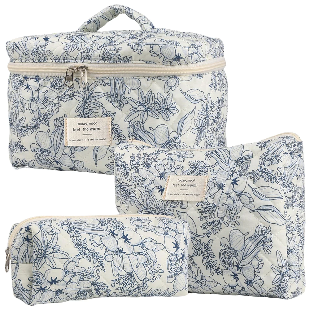 3pcs/set Storage Organizer Floral Quilted Makeup Bags Cotton Padded Cosmetic Bag Large Travel Toiletry Bag Women Zipper Wash Bag 2