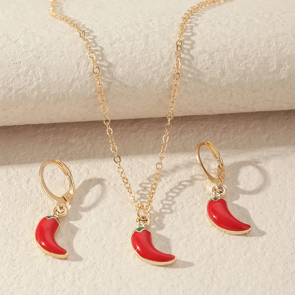 Lovely Pepper Shaped Earrings Necklace Jewelry Set For Women  Jewelry