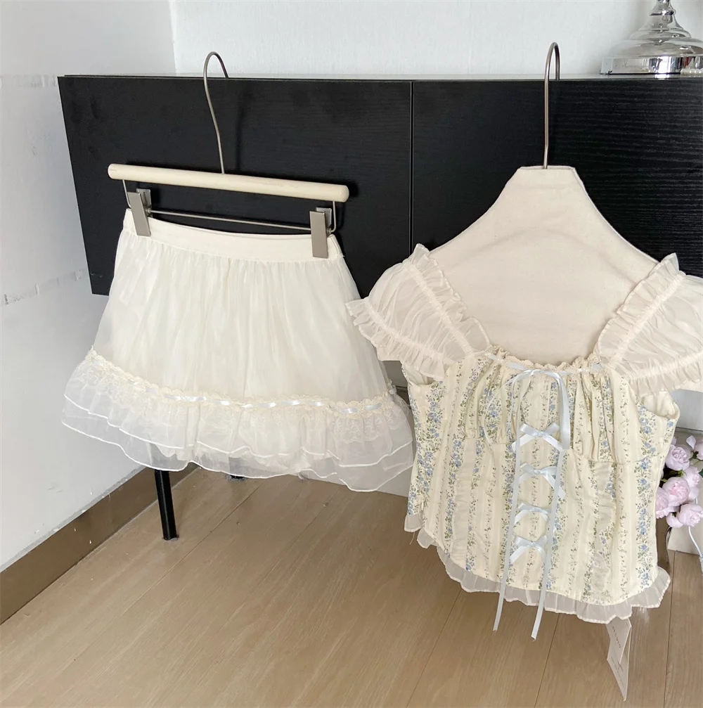 Y2K Two-piece Skirt Set Off Shoulder Square Collar Lace-up Cropped Top A-line Mini Skirt Sweet Summer New Slim Princess Outfits