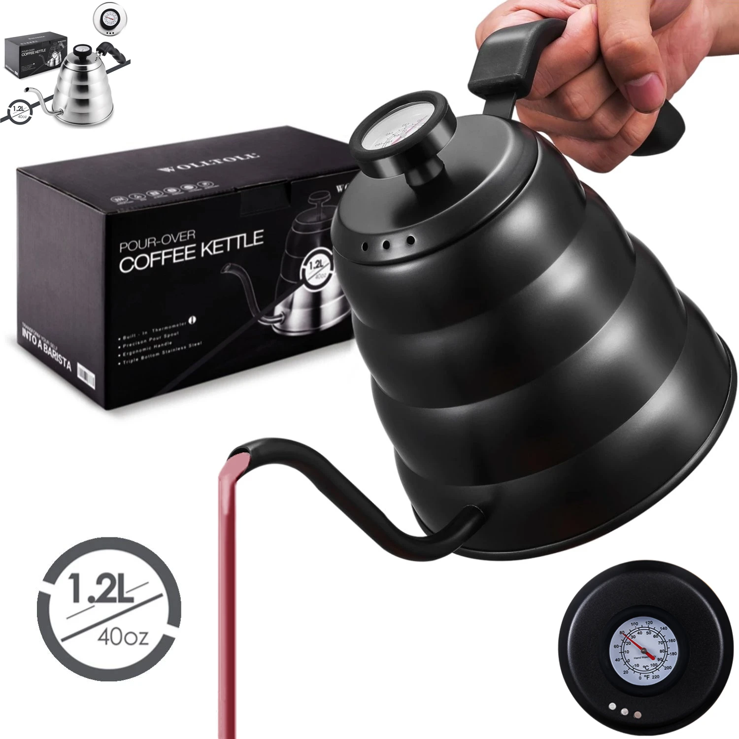 40oz/1.2l Stainless Steel Coffee Kettle With Thermometer, Gooseneck Thin Spout For Hand Drip