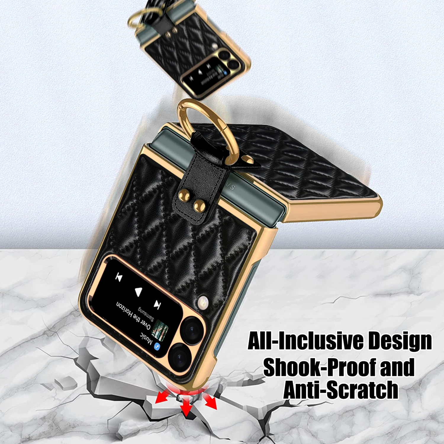 Leather Case for Samsung Galaxy Z Flip5 4 3 5G Ring Holder Shockproof Protective Cover with Camera Lens Protection Plating Frame