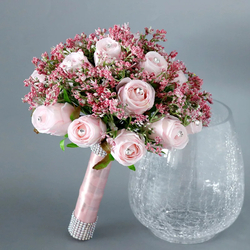 Wedding Bouquet Bridesmaid Silk Ribbon Artificial Roses Holding Flowers Bridal Mariage Accessories