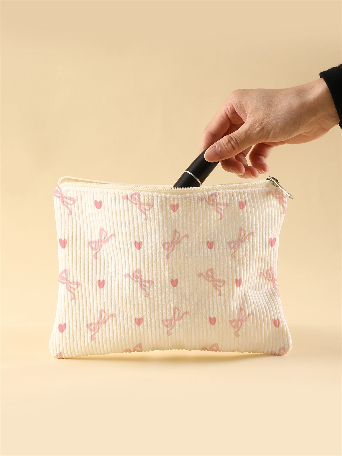 Women's Corduroy Travel Cosmetic Bag Portable Large Capacity Makeup Storage Organizer Zipper Clutch Purse Make up Bag