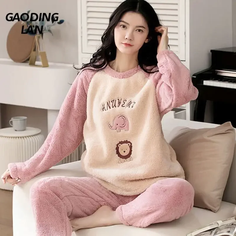 

Winter Women Long Sleeve Cartoon Elephant Pajamas Set Thick Keep Warm Flannel Pyjamas Female Coral Velvet 2 Piece Sleepwear Suit