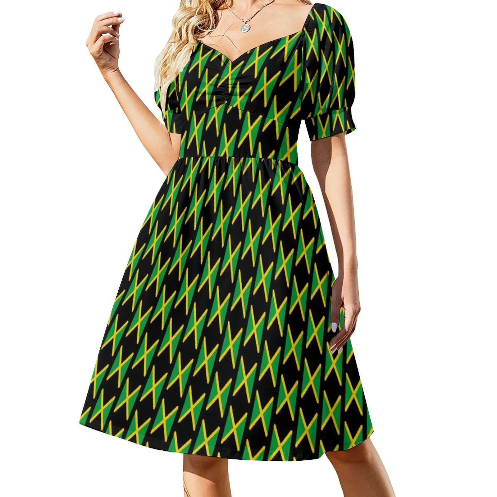 

Jamaica Flag Dress Jamaican Fashion Vintage Dresses Ladies Short Sleeve Streetwear Casual Dress V Neck Big Size Vestidos