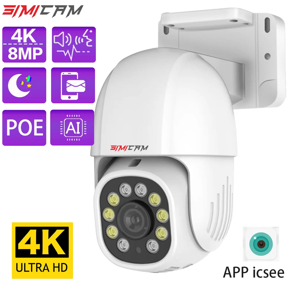 8MP Poe Ptz Camera Onvif Out Door Water Proof 4k Hd With Color Night Vision Dome Ip Samrt Two Way Audio XMEye TF Card Security
