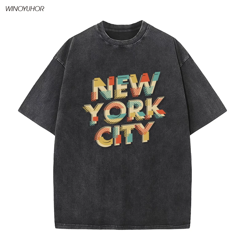 

Men Vintage T Shirts Graphic New York City Printed Tees Washed T-Shirts Hip Hop Short Sleeve Tops Oversized Streetwear