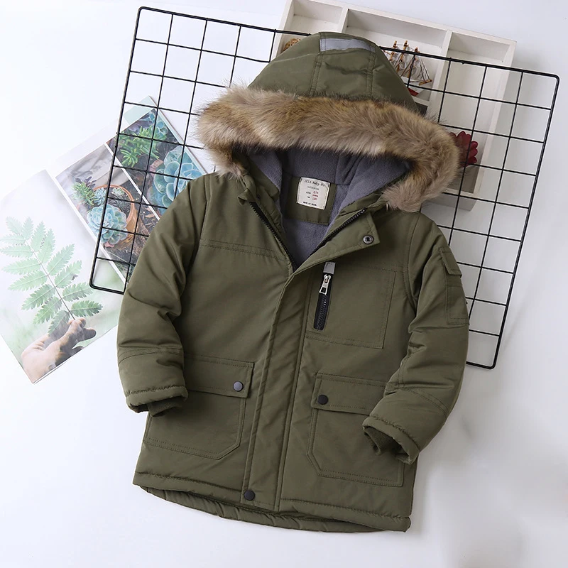 Boys Coats Autumn Winter Fashion Hooded Fur Children's Plus Velvet Warming Cotton Outerwear For Kids Jacket 5-14 Years - 2