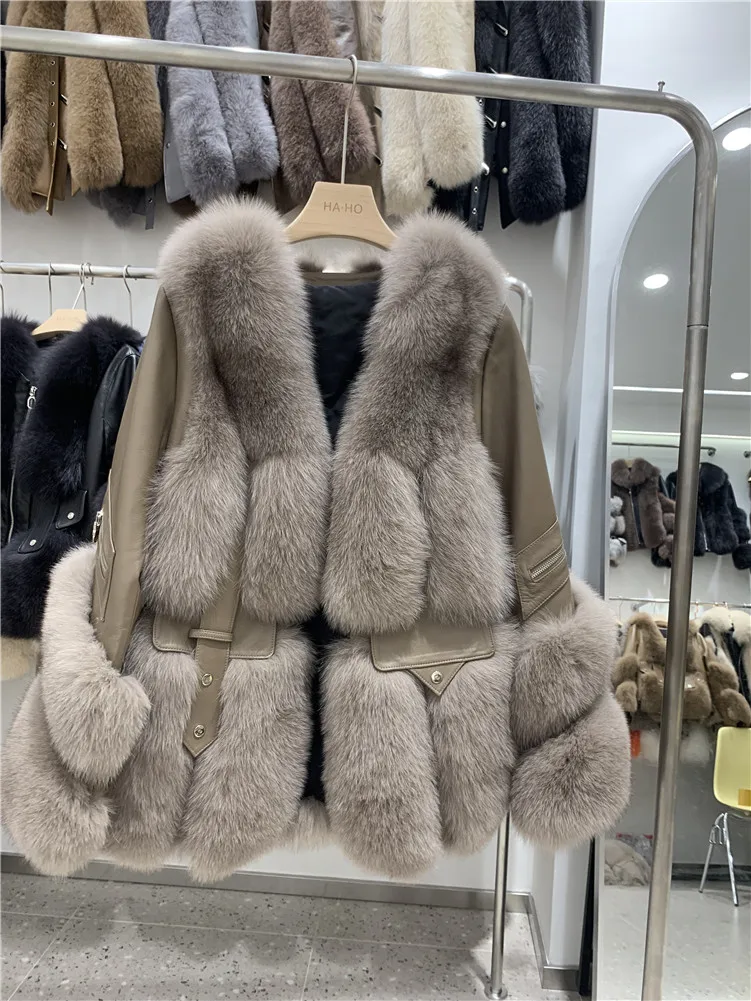 

Женское пальто из натурального Лисьего меха, Толстая теплая куртка из натуральной кожи на утином пуху, верхняя одежда, осень-зима 2023