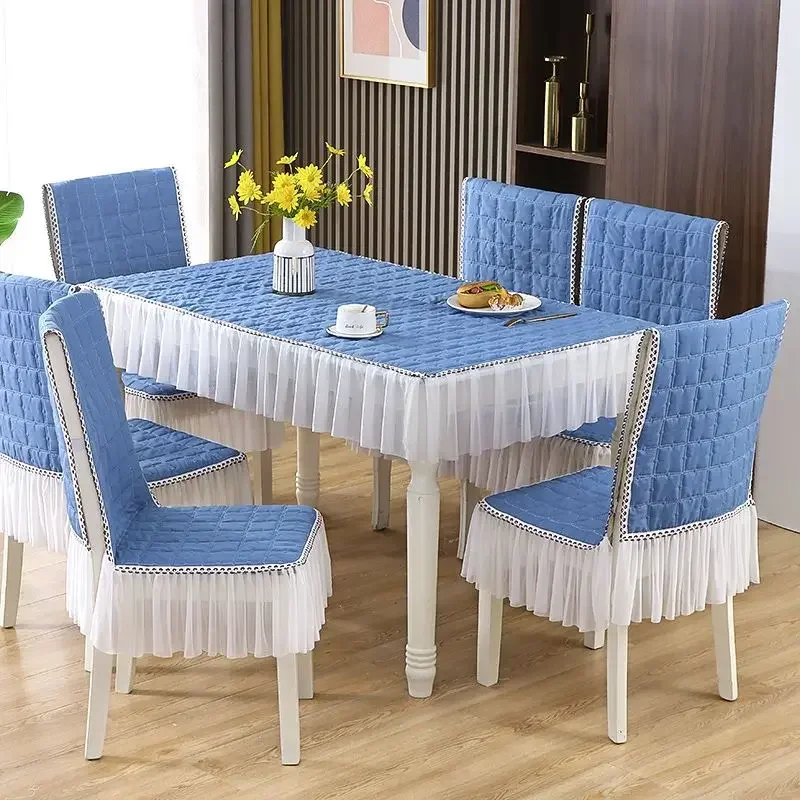 

Simple Solid Color Lace Tablecloth Anti Slip Strap Integrated Seat Cushion Backrest Cover Household Dining Table Chair Dustcover