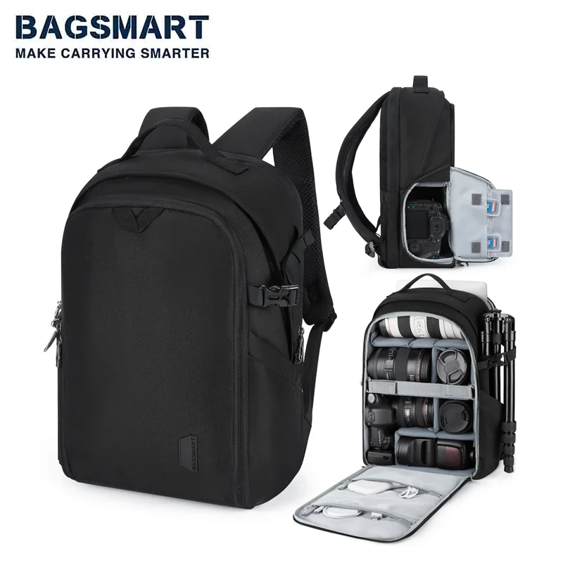 BAGSMART DSLR SLR 카메라 배낭, 레인 커버 포함, 남성용 방수 카메라 가방 케이스, 최대 15.6 인치 노트북 삼각대 거치대
